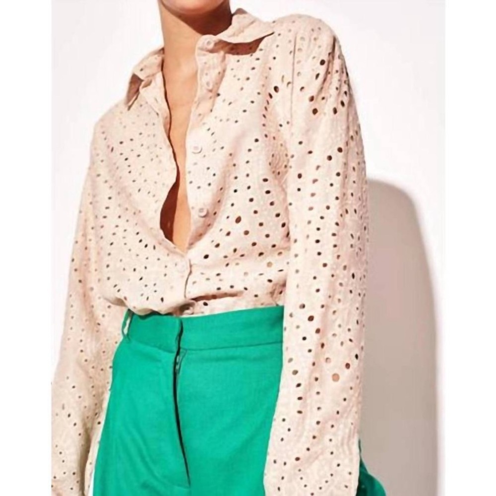 DELUC NWT Alioth Embroidered Eyelet Button Down Butter Cream